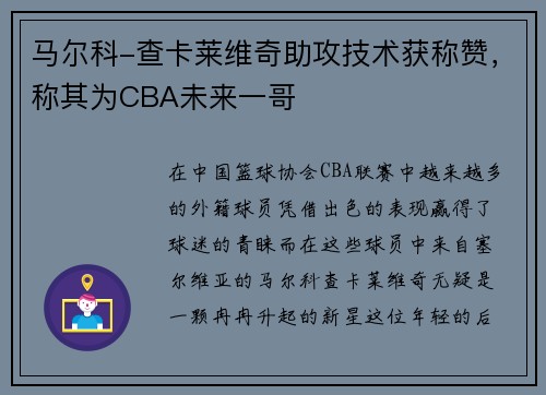 马尔科-查卡莱维奇助攻技术获称赞，称其为CBA未来一哥