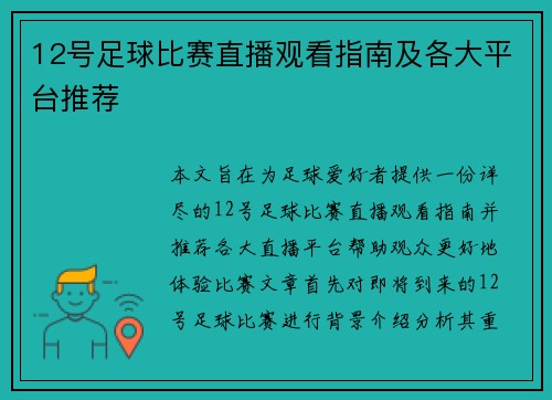 12号足球比赛直播观看指南及各大平台推荐